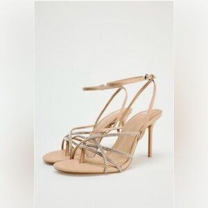 ZARA Nude Rhinestone Strappy Heeled Sandals Ankle Strap Size 6 EU 37 NWT